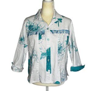 VTG Lilly of California Floral Shirt Sz XL Beaded Fringe Shacket 3/4 Sleeve Aqua